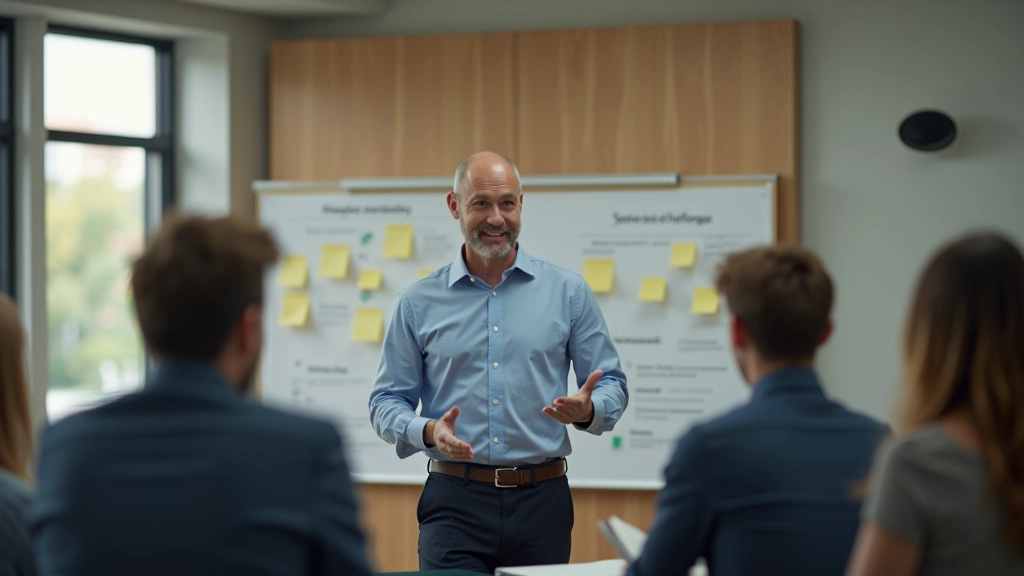 Líder implementando plano de decisão com equipa em ambiente de trabalho colaborativo