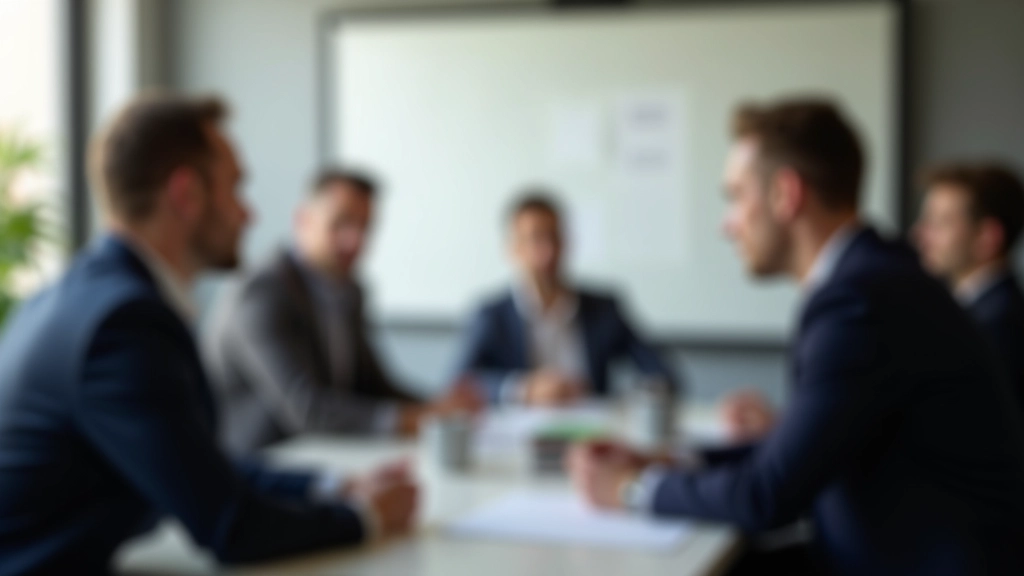 Ambiente de formação em liderança com profissionais em discussão estratégica